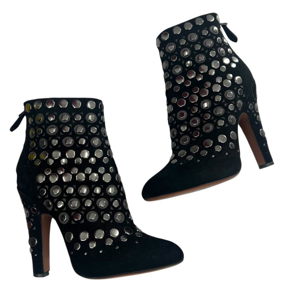 ALAÏA Black Suede‎ Studded Cutout Ankle Boots Size 39